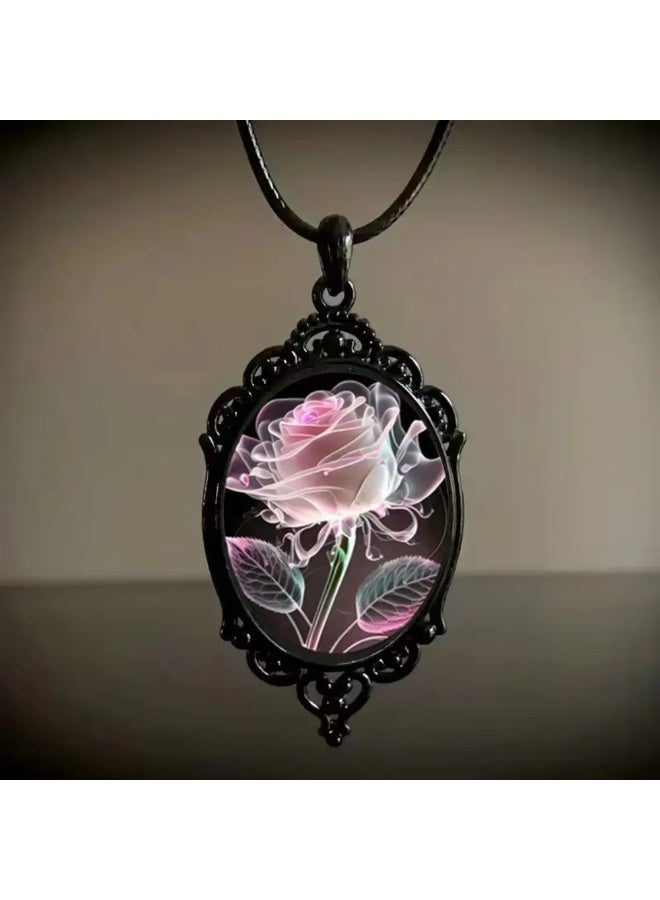 Black Trendy New Retro Pendant Necklace - Pink Flower