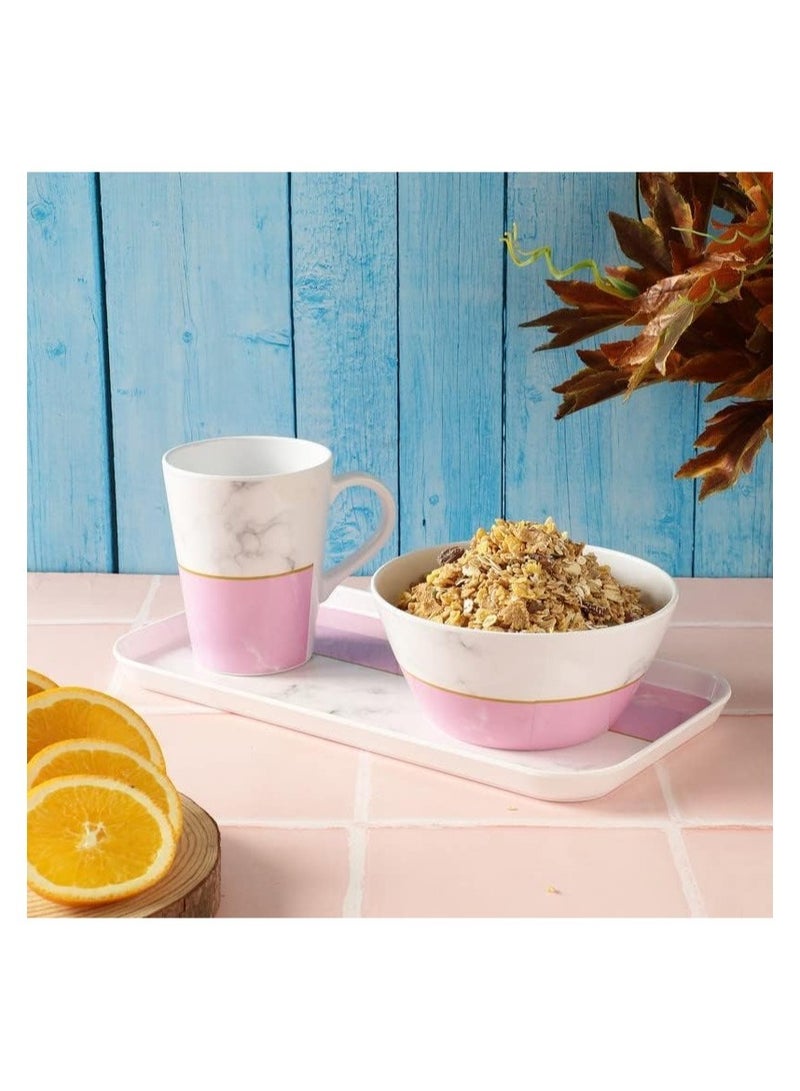 Breakfast And Snack 3 Pcs Set For Multipurpose Combo Of Bowl And Cup With Tray Bowl 14.5 X 7 Tray X 23.5CM Mug X 400ML Melamine Pink And White - Image 4