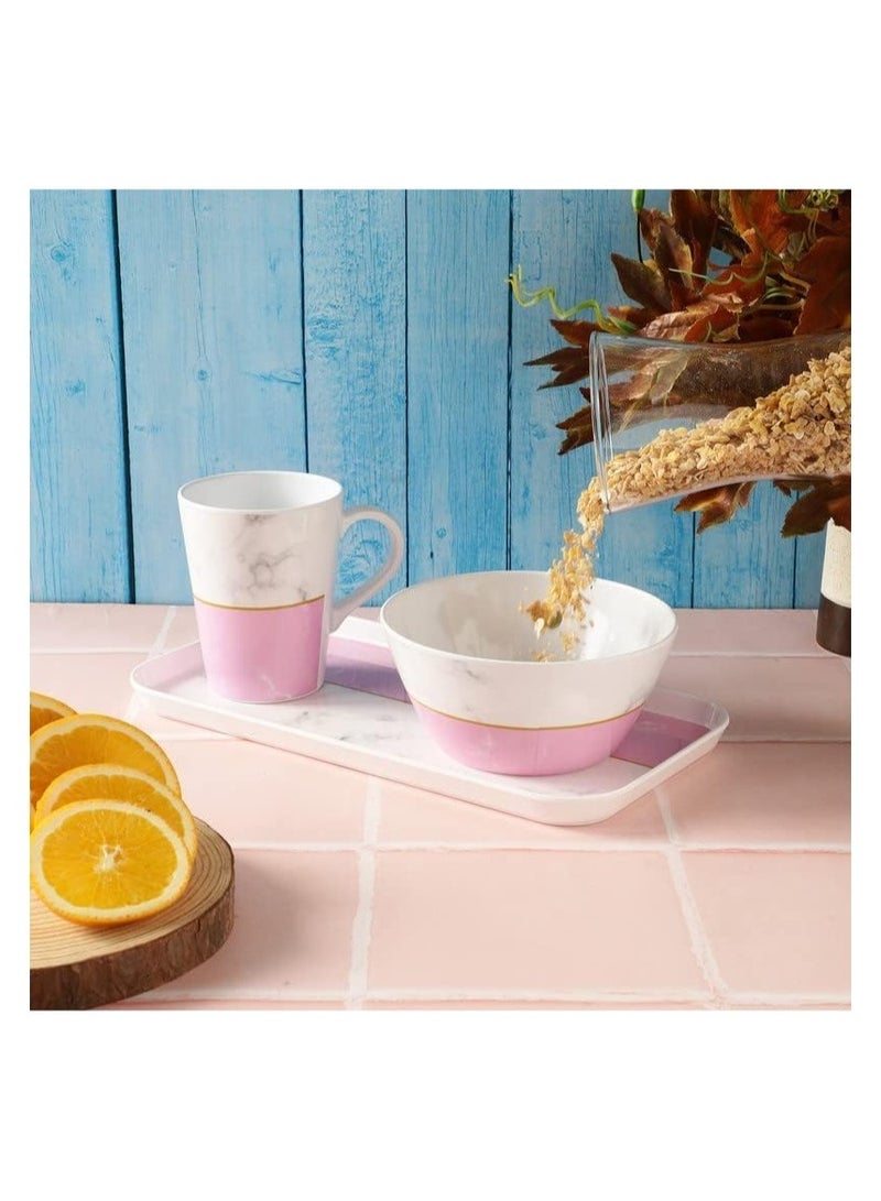 Breakfast And Snack 3 Pcs Set For Multipurpose Combo Of Bowl And Cup With Tray Bowl 14.5 X 7 Tray X 23.5CM Mug X 400ML Melamine Pink And White - Image 3