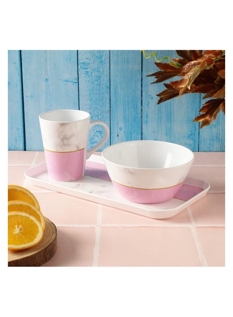 Breakfast And Snack 3 Pcs Set For Multipurpose Combo Of Bowl And Cup With Tray Bowl 14.5 X 7 Tray X 23.5CM Mug X 400ML Melamine Pink And White - Image 2