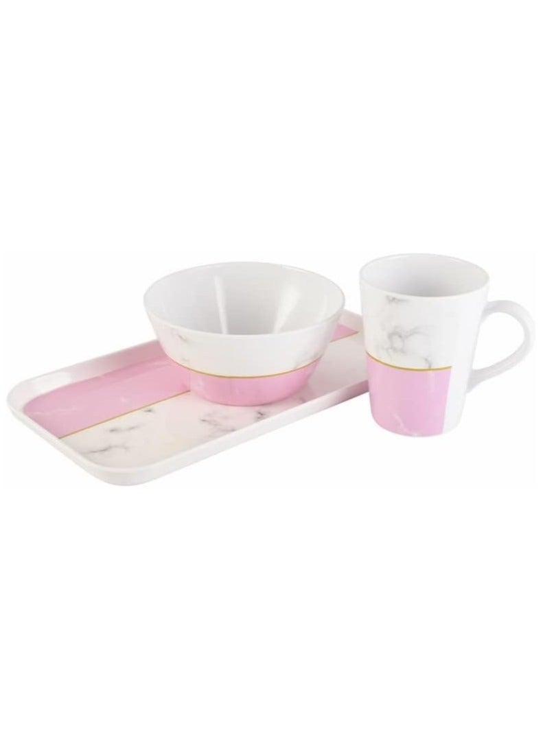 Breakfast And Snack 3 Pcs Set For Multipurpose Combo Of Bowl And Cup With Tray Bowl 14.5 X 7 Tray X 23.5CM Mug X 400ML Melamine Pink And White - Image 1