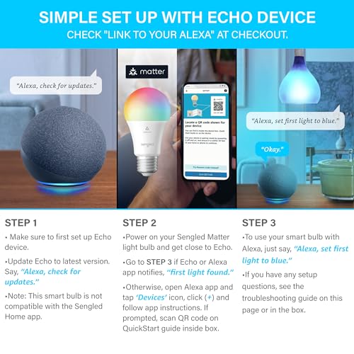 Sengled Matter LED Smart Light Bulb (A19), Multicolor, Compatible with Alexa, 60W Equivalent, 800LM, Instant Pairing, 1-Pack - Image 4