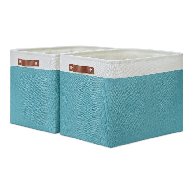 DULLEMELO Large Closet Storage Baskets Canvas Storage Baskets for Organizing 2 Pack Collapsible Home Organizer With Handles WhiteTeal