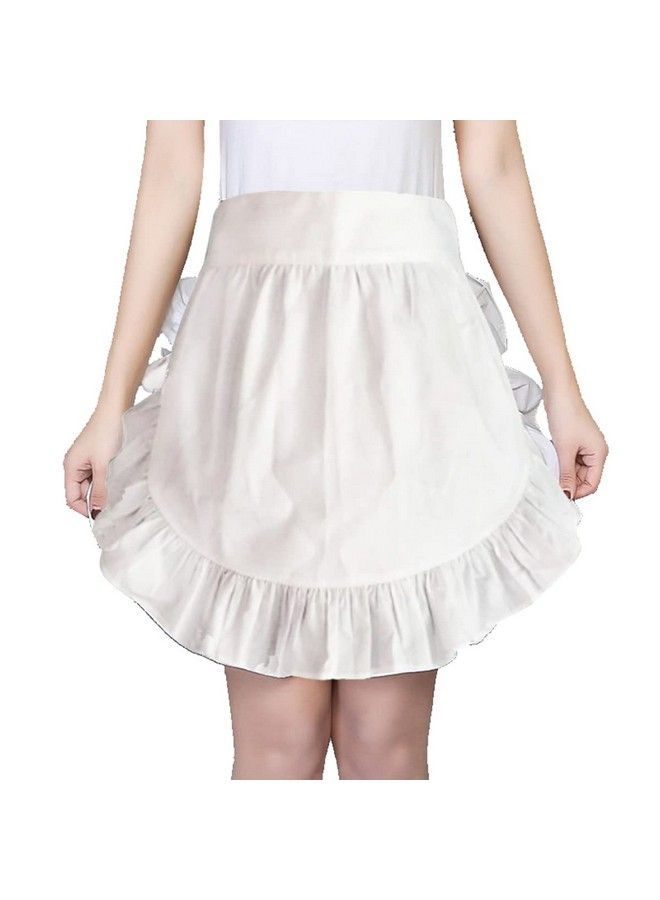 Hyzrz Waist Ruffle Apron Kitchen Cooking Restaurant Cotton Bistro Retro Half Aprons With Pockets For Girl Woman (White) - Image 1