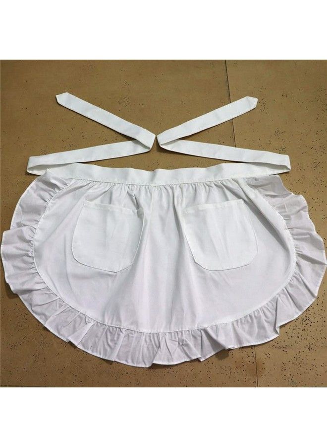 Hyzrz Waist Ruffle Apron Kitchen Cooking Restaurant Cotton Bistro Retro Half Aprons With Pockets For Girl Woman (White) - Image 3