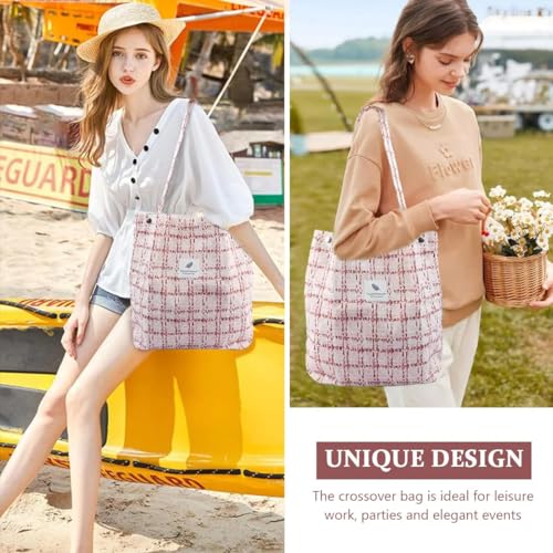 Lyrovo Women Corduroy Shoulder Tote Bag for Work Beach Travel and Shopping Grocery (Pink Checkered) - Image 4