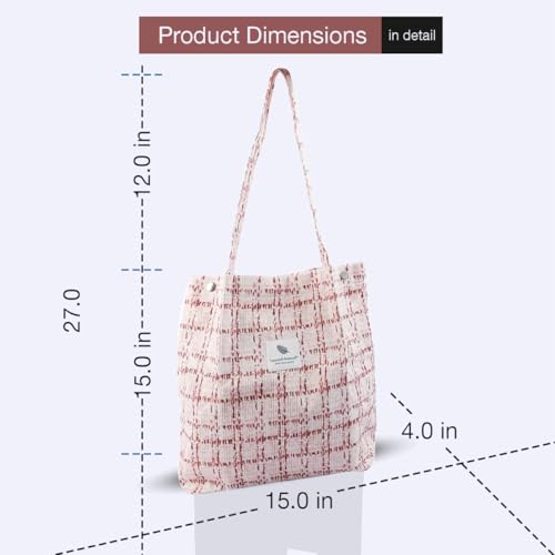 Lyrovo Women Corduroy Shoulder Tote Bag for Work Beach Travel and Shopping Grocery (Pink Checkered) - Image 2