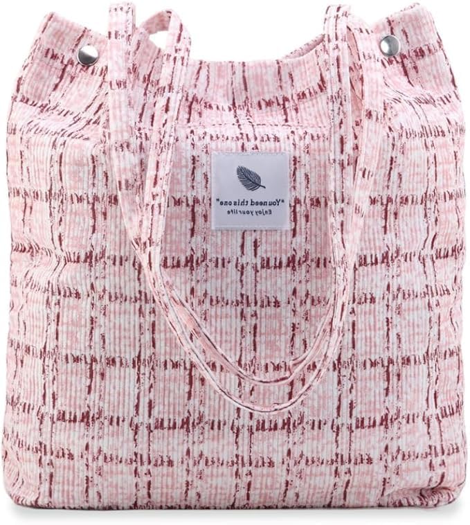 Lyrovo Women Corduroy Shoulder Tote Bag for Work Beach Travel and Shopping Grocery (Pink Checkered) - Image 1