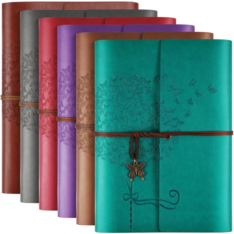 OMEYA 6 Pack Leather Notebook Journal, Travel Journal Bulk, Refillable Vintage Journals for Writing, Diary Gifts for Women, Men, Girls, Boys, 100GSM Lined Paper, Each 160 Pages & 2 Pockets (A5, 9.2" x 6.5") - Image 1