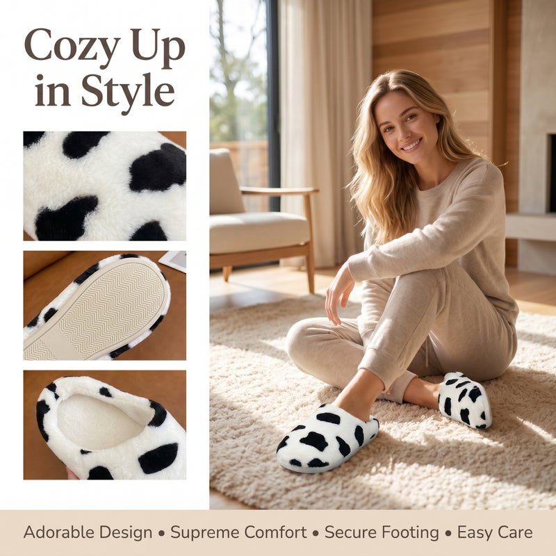 2 Pairs of Cow Pattern Slippers Warm Slipper Students Slippers (Black,White) - Image 5