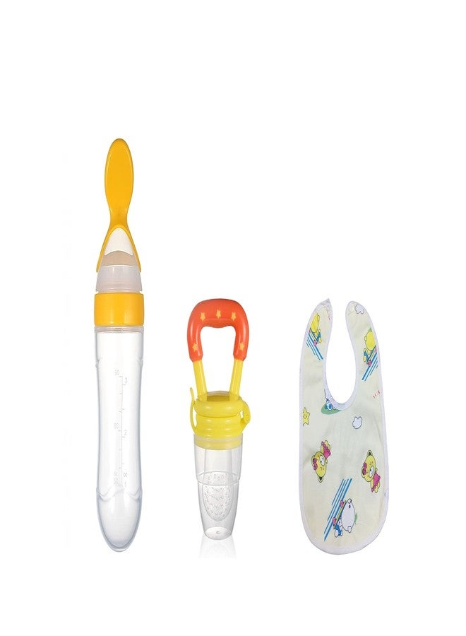 ROFORUF Baby Food Feeder Pacifier, Silicone Fruit Feeder Teethers for Babies 1 pc/Baby Bibs for Feeding & Weaning Babies 1 pc/Silicone Spoon Food Feeder for Babies 1 pc (Yellow Pack of 3) - Image 1