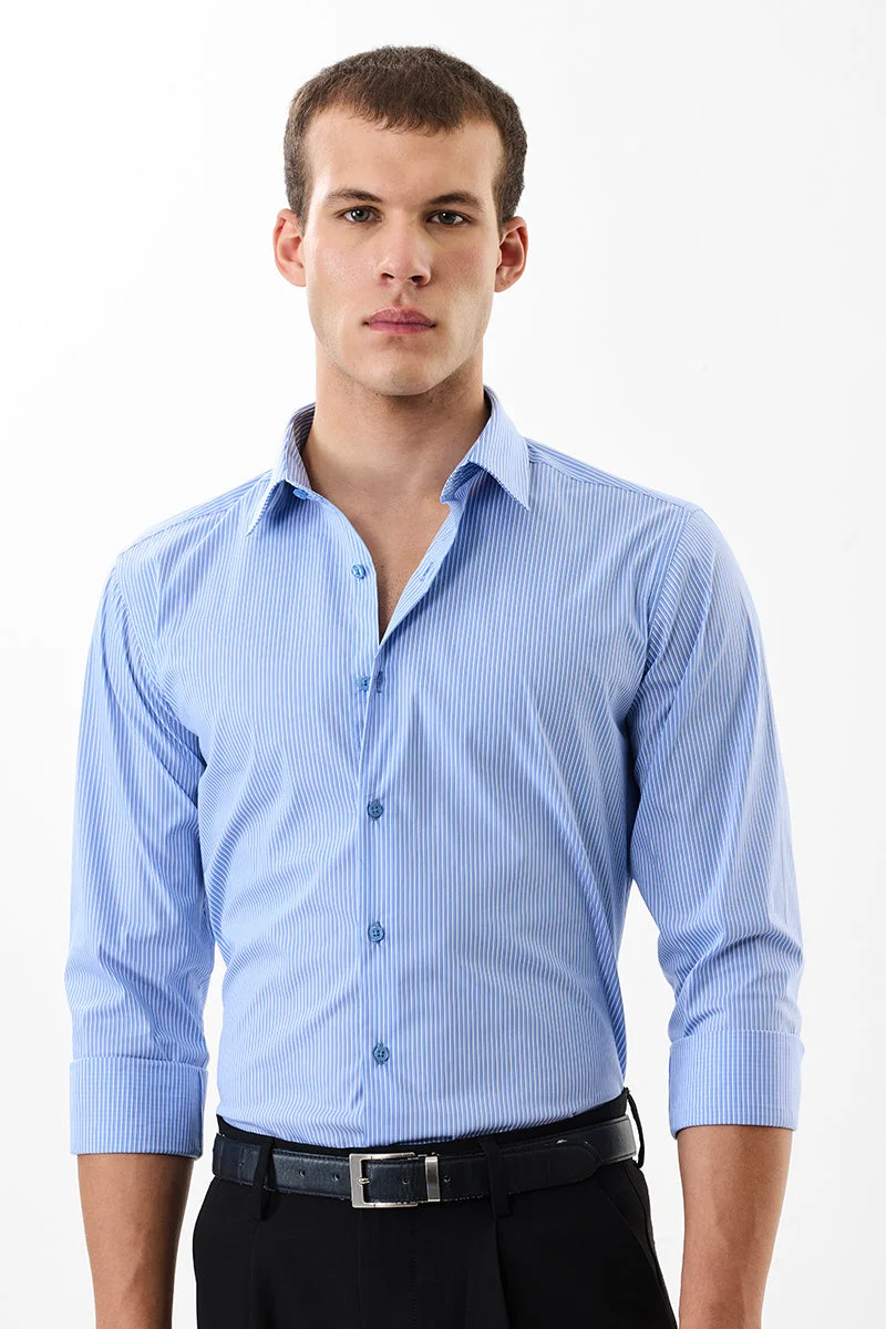 SNITCH Light Blue Striped Long Sleeve Slim Fit Formal Luxe Shirt