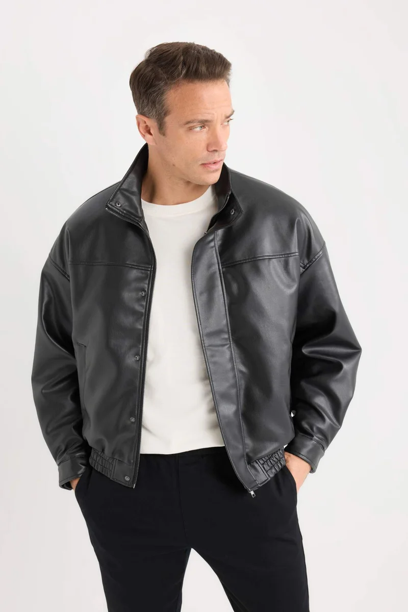 ديفاكتو Oversize Fit Stand Collar Zippered Waterproof Faux Leather Jacket