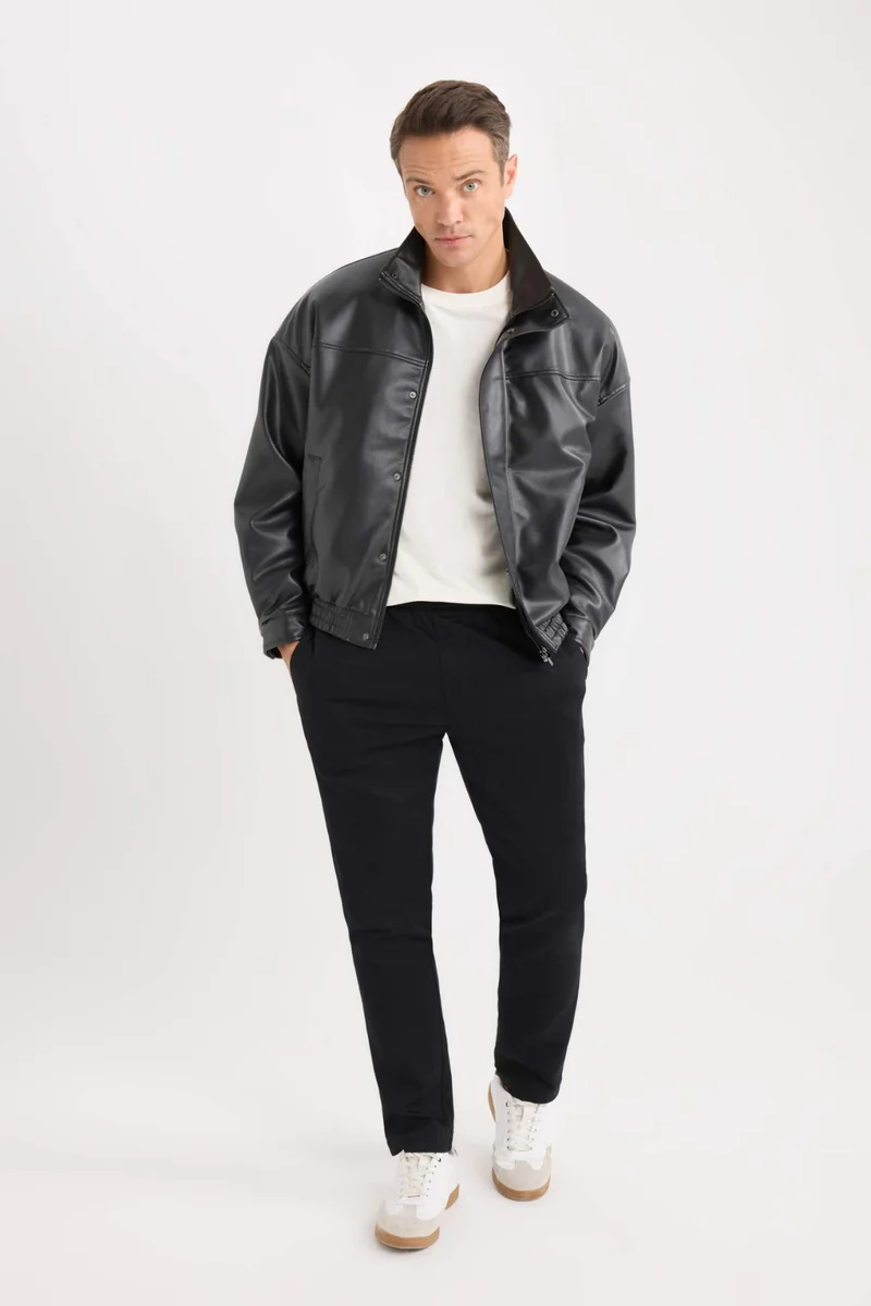 ديفاكتو Oversize Fit Stand Collar Zippered Waterproof Faux Leather Jacket