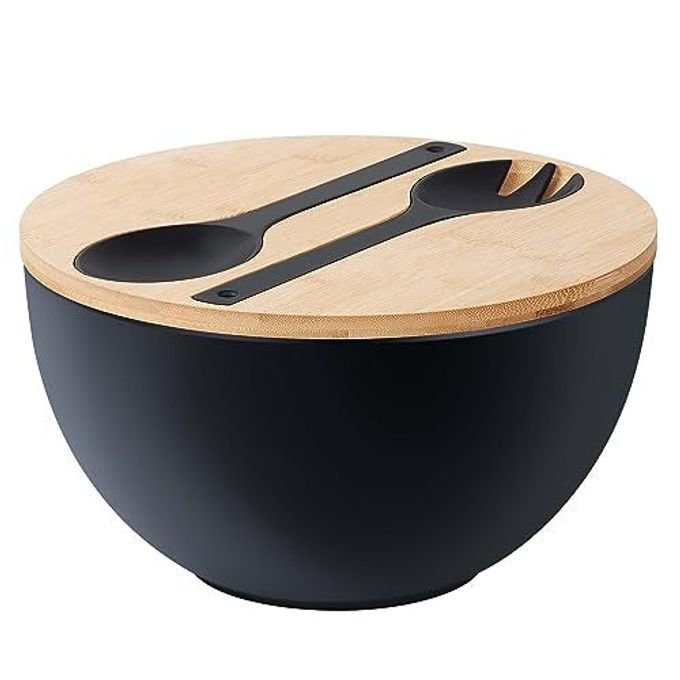 11.3" Extra Large Salad Bowl with Wooden Lid & Servers, 208Oz, Oversized Bamboo Fiber Salad Serving Set with Utensils for Home/Kitchen, Big Lightweight Bowl for Mixing Salad,Fruit,Pasta - Matte Black