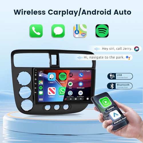 Podofo راديو سيارة ستيريو مع صوت HiFi لهوندا سيفيك 2001-2005، CarPlay/Android Auto لاسلكي، شاشة تعمل باللمس 9 بوصة HD، أندرويد 13، GPS، واي فاي، بلوتوث، FM/RDS، EQ، كاميرا خلفية HD - Image 3