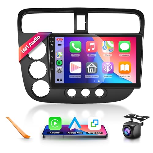 Podofo راديو سيارة ستيريو مع صوت HiFi لهوندا سيفيك 2001-2005، CarPlay/Android Auto لاسلكي، شاشة تعمل باللمس 9 بوصة HD، أندرويد 13، GPS، واي فاي، بلوتوث، FM/RDS، EQ، كاميرا خلفية HD - Image 1