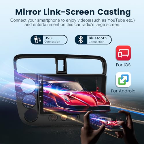 Podofo راديو سيارة ستيريو مع صوت HiFi لهوندا سيفيك 2001-2005، CarPlay/Android Auto لاسلكي، شاشة تعمل باللمس 9 بوصة HD، أندرويد 13، GPS، واي فاي، بلوتوث، FM/RDS، EQ، كاميرا خلفية HD - Image 4