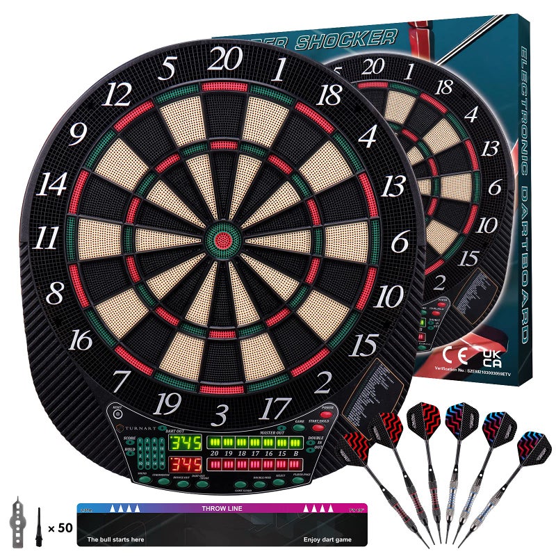 Turnart Electronic Dart Board - Dart Board Electronic Scoreboard for 16 Players - 6 Darts Plastic Tips 50 Soft Tips LED Display Power Adapter Throw Line - Image 1