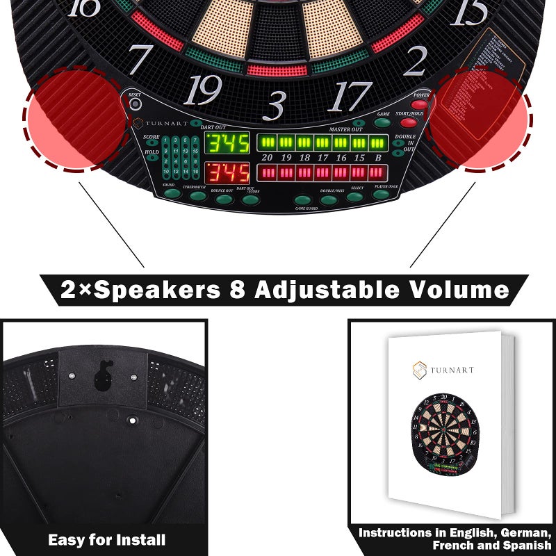 Turnart Electronic Dart Board - Dart Board Electronic Scoreboard for 16 Players - 6 Darts Plastic Tips 50 Soft Tips LED Display Power Adapter Throw Line - Image 4