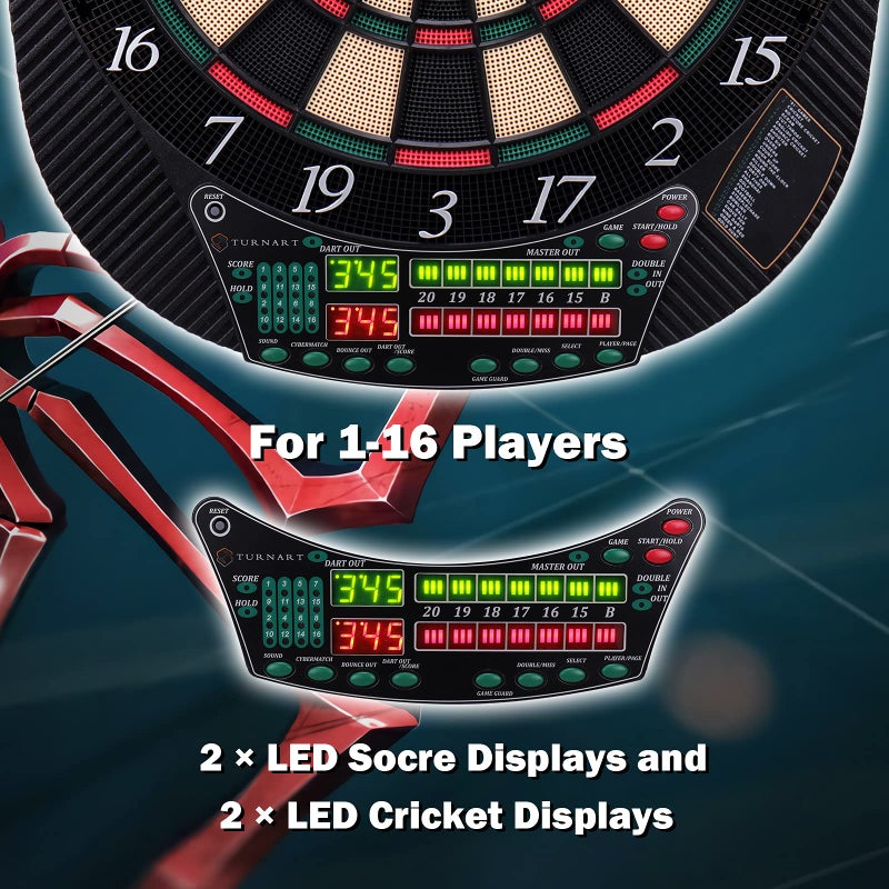 Turnart Electronic Dart Board - Dart Board Electronic Scoreboard for 16 Players - 6 Darts Plastic Tips 50 Soft Tips LED Display Power Adapter Throw Line - Image 2