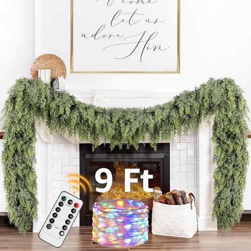 NUTIKAS Cedar Christmas Garland with Lights for Mantle - Decorations 9ft Realistic Lighted Faux Pine Garlands for Xmas Home Decoration Indoor Stairs Railing Fireplace Outdoor 9 ft Prelit Garland Door Decor - Image 1