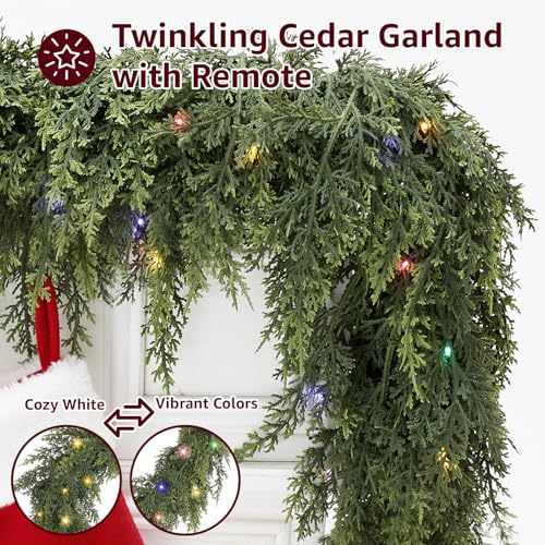 NUTIKAS Cedar Christmas Garland with Lights for Mantle - Decorations 9ft Realistic Lighted Faux Pine Garlands for Xmas Home Decoration Indoor Stairs Railing Fireplace Outdoor 9 ft Prelit Garland Door Decor - Image 5