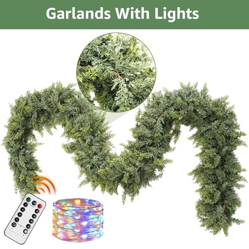 NUTIKAS Cedar Christmas Garland with Lights for Mantle - Decorations 9ft Realistic Lighted Faux Pine Garlands for Xmas Home Decoration Indoor Stairs Railing Fireplace Outdoor 9 ft Prelit Garland Door Decor - Image 2