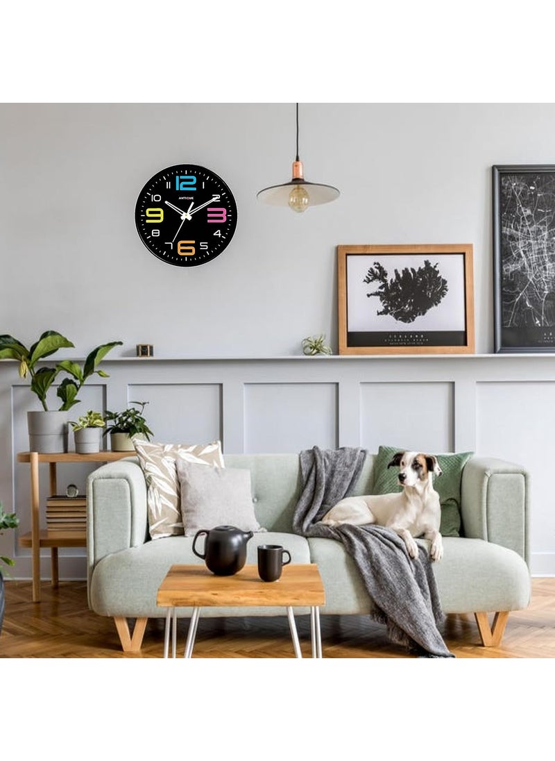 ANTIQUE - ANTIQUE 10 Inch Round Shape Analog Wall Clock With Plastic And Glass For Home/Kitchen/Living Room/Bedroom/Office, Black Multicolor (25.4 X 25.4 X 4 Cm), White - Image 1