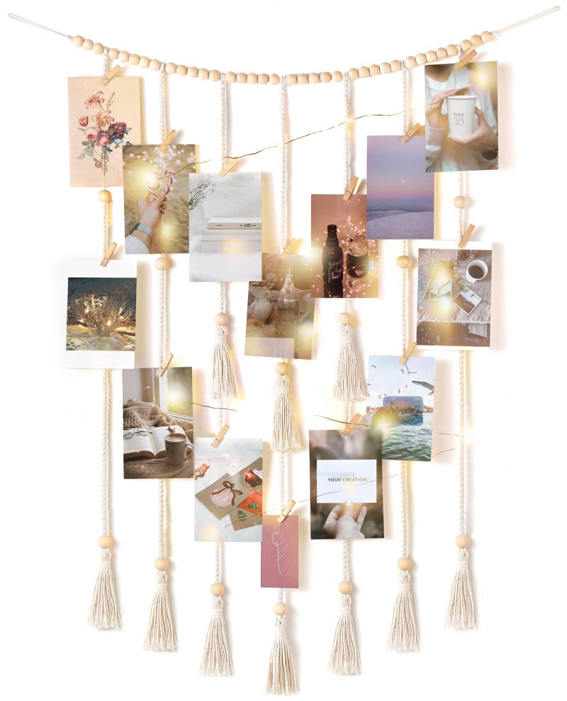Mkono Macrame Hanging Photo Display Wall Decor with String Lights Boho Room Bedroom Wooden Beads Garland Picture Holder with 30 Clips