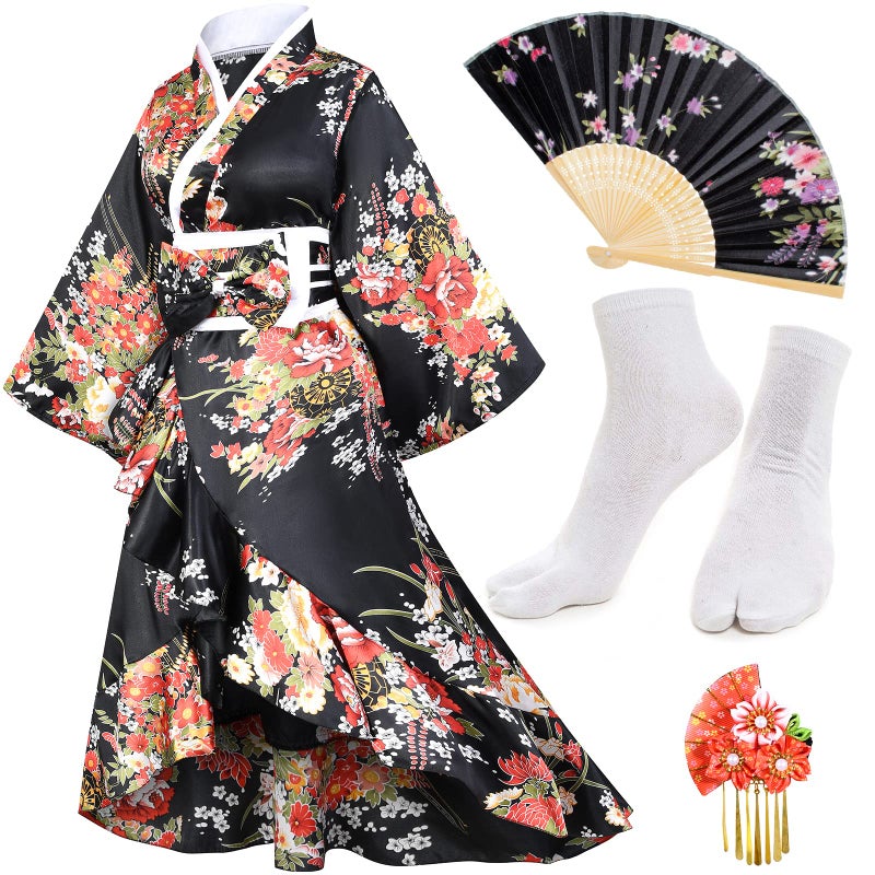 Japanese Anime Womens Kimono Robe Geisha Yukata Sweet Tuxedo Ruffle Dress Blossom Satin Bathrobe Sleepwear Fans Tabi Socks Set Black L