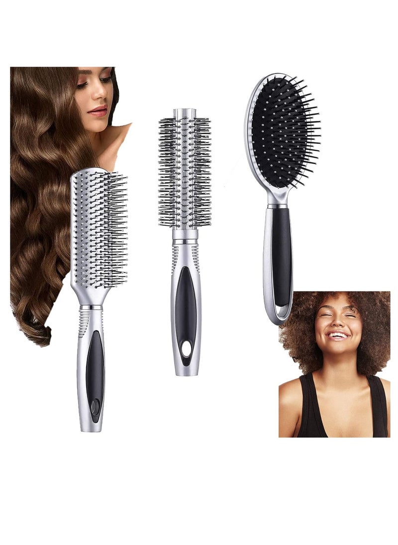 Y&D Hair Brush Set Round Blow Drying Hairbrush & Detangling That is Detangler and Wide Tooth Comb for Curly Great on Wet or Dry(Silver)  - Image 1