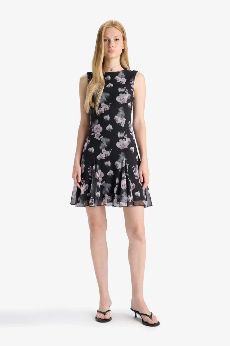 Defacto  Crew Neck Printed Tulle Mini Dress for Women | Best Price UAE