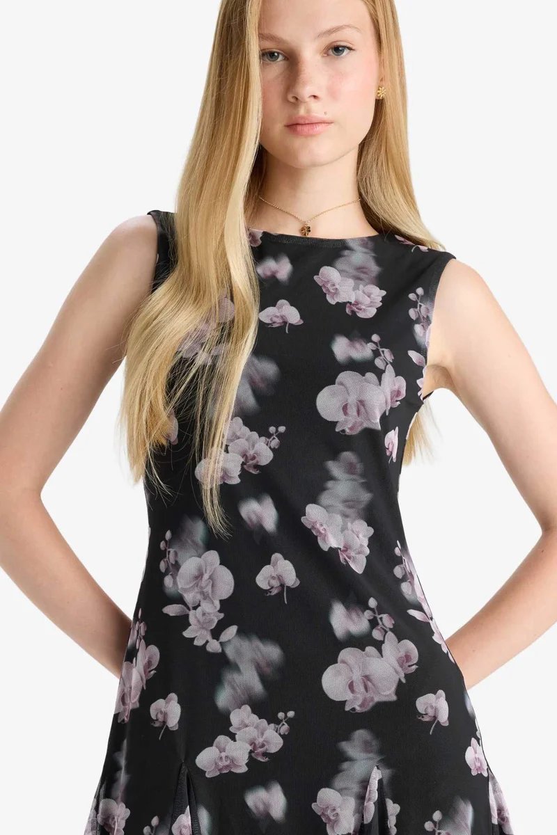 Crew Neck Printed Tulle Mini Dress