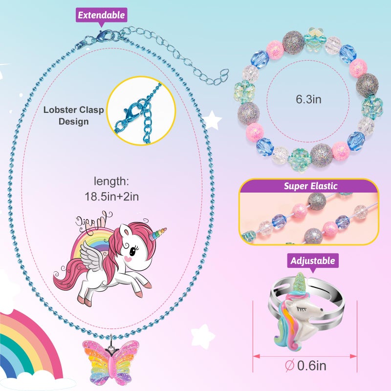 xFFFun Kids Jewelry for Girls 4-6, Little Girls Play Jewelry Set for Toddlers Age 3-5 6-8, Childrens Princess Costume Dress Up Necklace Bracelets Rings, Unicorn Birthday Gifts for 3 4 5 7 6 8 Year Old - Image 4