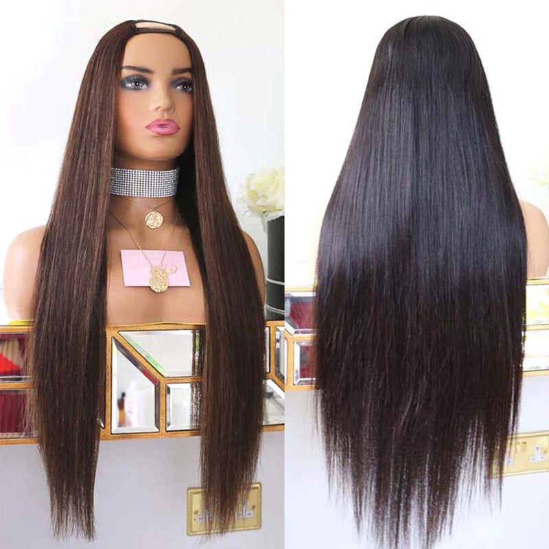 NC U Part Straight Human Hair Wig Color 30 Auburn Brown Full Head 2X4 Middle Part U Part Wig Ombre Glueless Machine Made U Shaped Wig for Women Black 18 inchnatural color