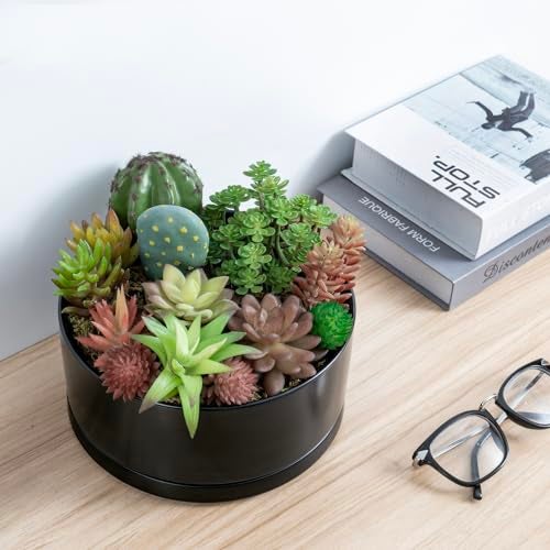 MyGift 8 Inch Black Ceramic Succulent Planter Pot - Decorative Flower Plant Bowl with Removable Saucer - Image 3