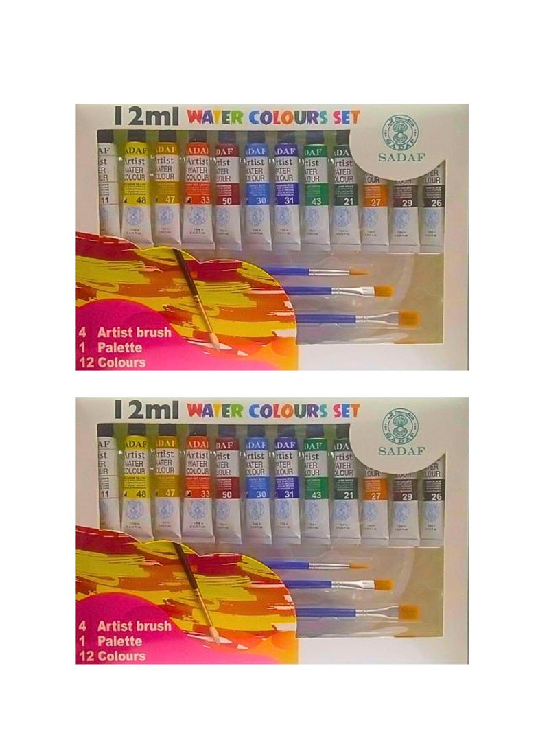 Sadaf Water Colors Set 12ml 12 Colors With Brushes And Plastic Palette 2-Sets - Image 2