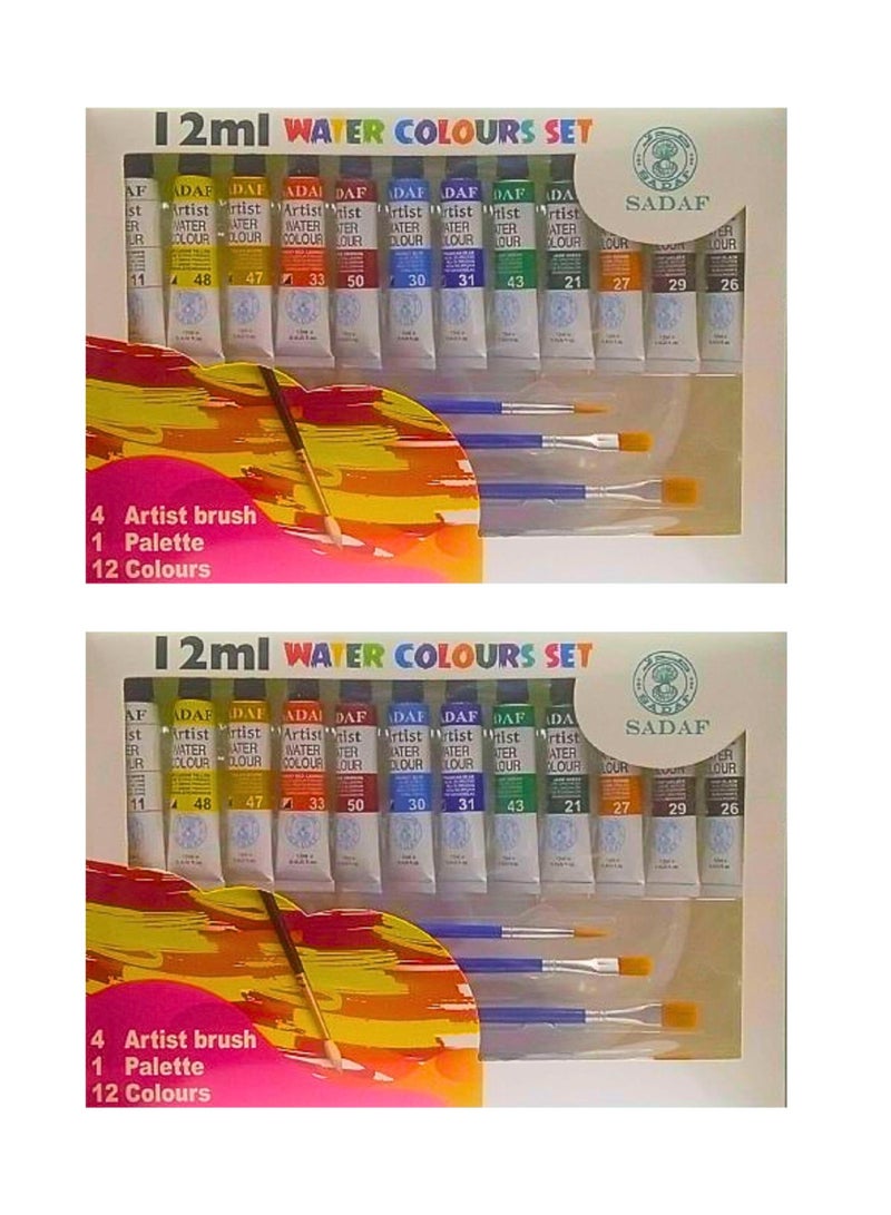 Sadaf Water Colors Set 12ml 12 Colors With Brushes And Plastic Palette 2-Sets - Image 1