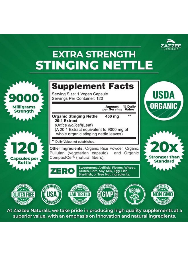 Zazzee USDA Organic Stinging Nettle 20:1 Extract, 9000 mg Strength, 120 Vegan Capsules, 4 Month Supply, Concentrated, Standardized 20X Extract, Certified Organic, 100% Vegetarian, All-Natural, Non-GMO - Image 3