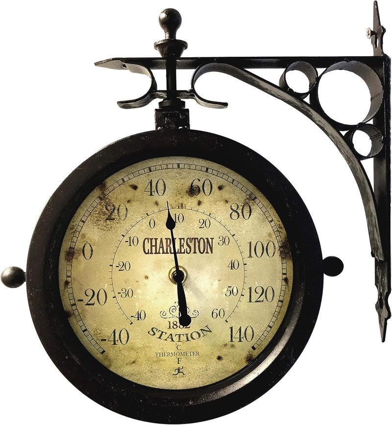 Infinity Instruments Charelston Metal Outdoor Clock, Waterproof Double Sided Train Station Clock & Thermometer - Image 2