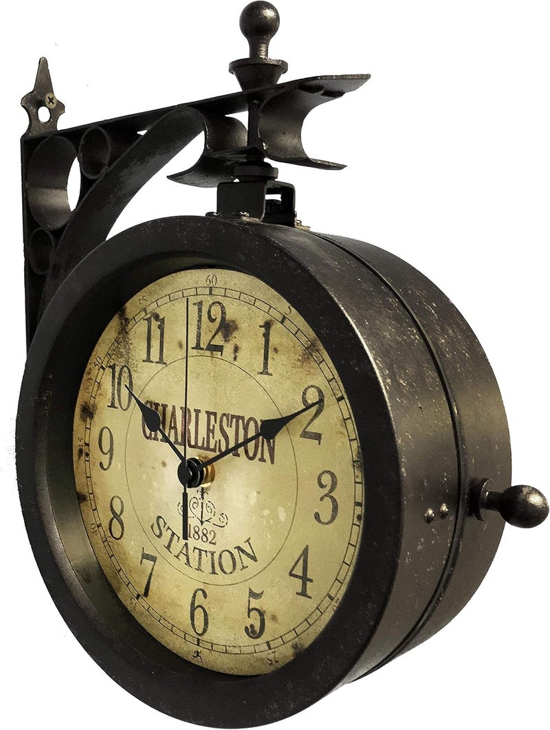 Infinity Instruments Charelston Metal Outdoor Clock, Waterproof Double Sided Train Station Clock & Thermometer - Image 3