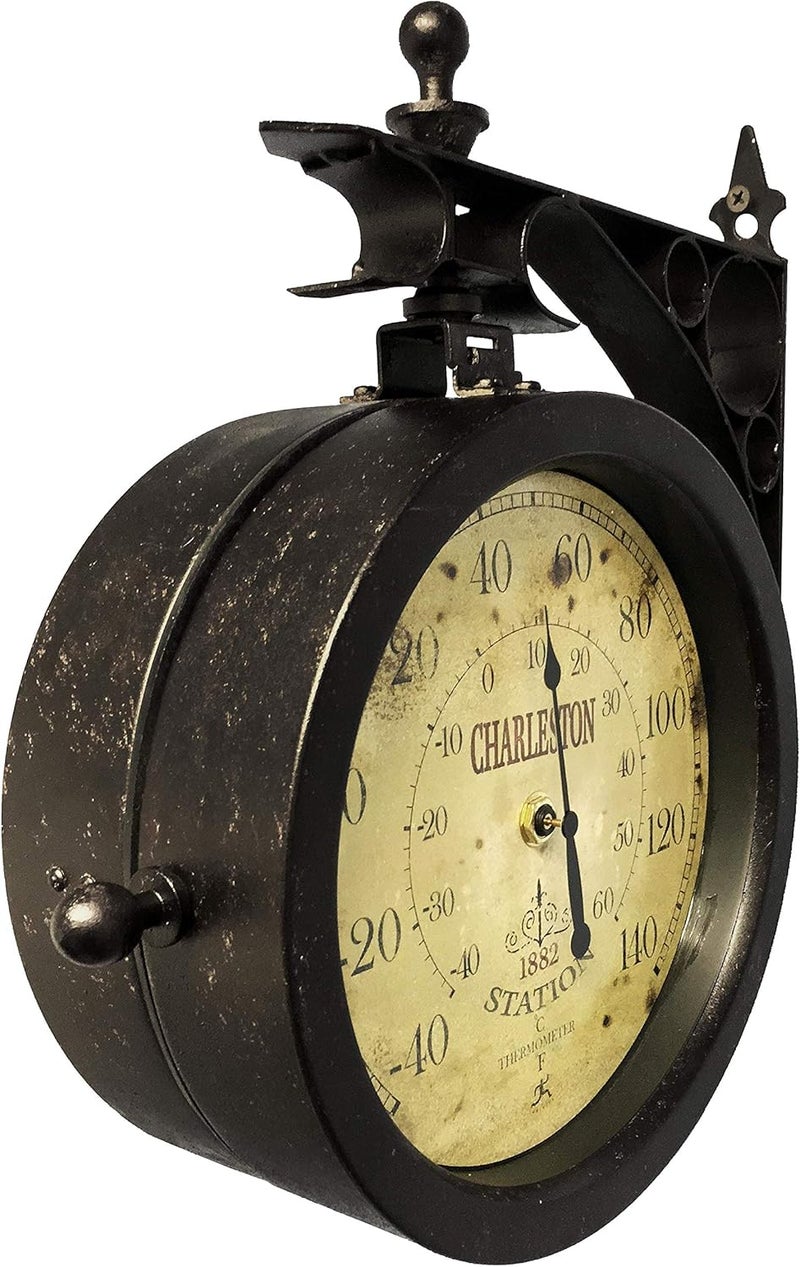 Infinity Instruments Charelston Metal Outdoor Clock, Waterproof Double Sided Train Station Clock & Thermometer - Image 4