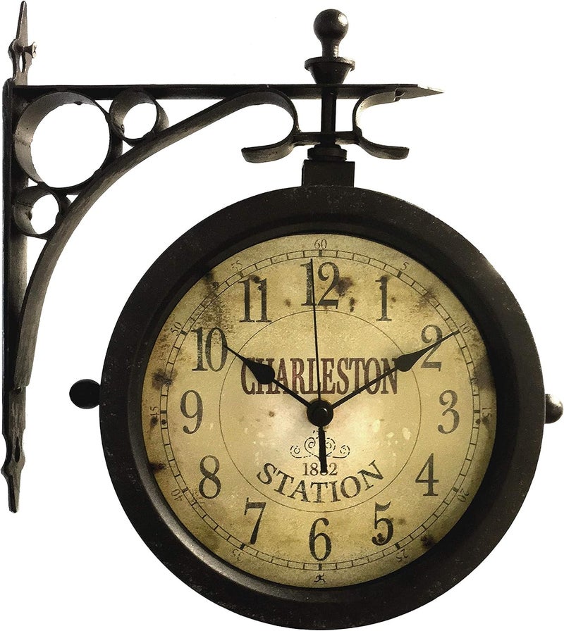 Infinity Instruments Charelston Metal Outdoor Clock, Waterproof Double Sided Train Station Clock & Thermometer - Image 1