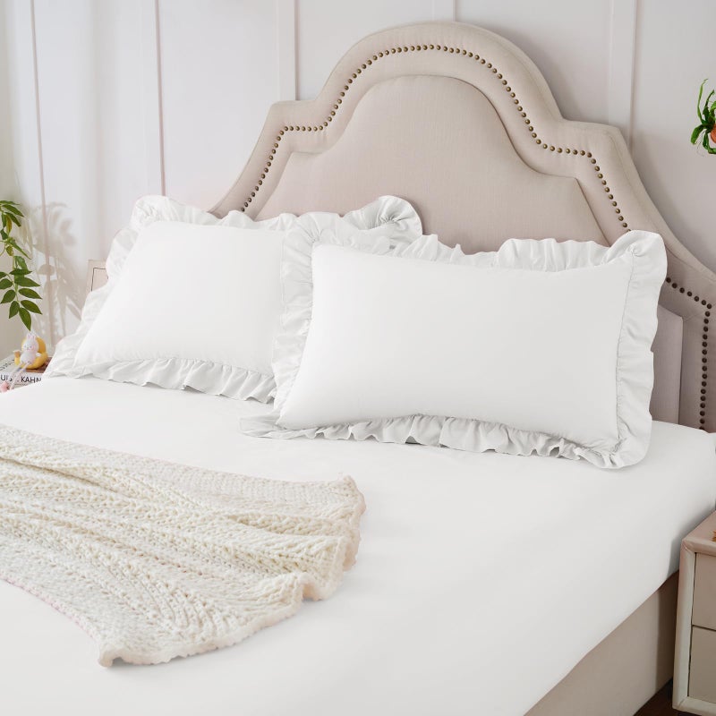 Homiest 3-Pieces Ruffle Pillow Case & Fitted Sheet Set, White Full Sheets with 2 Ruffled Pillow Shams, 15 Inch Deep Pocket, Cute & Coquette Microfiber Bed Set for Decorating Bedroom Hotel - Image 1