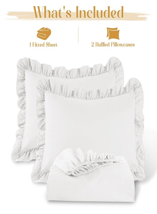 Homiest 3-Pieces Ruffle Pillow Case & Fitted Sheet Set, White Full Sheets with 2 Ruffled Pillow Shams, 15 Inch Deep Pocket, Cute & Coquette Microfiber Bed Set for Decorating Bedroom Hotel - Image 3