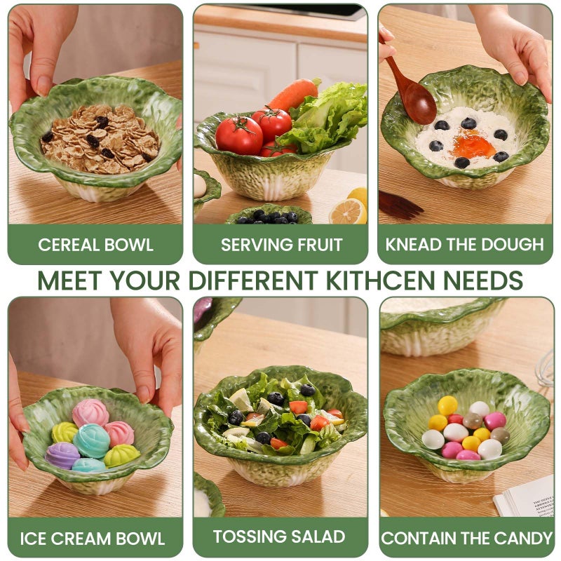 KXZ Green Cabbage Serving Bowl Set of 3 for Kitchen - Extra Large 60oz, 16oz, 5oz Nesting Mixing Bowls, Porcelain Dishes for Salad, Entertaining, Fruit, Vintage, Decorative, Ceramic Pho Soup Tureen - Image 4