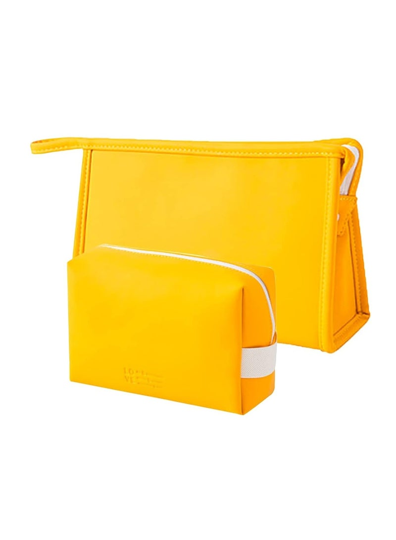 Oasisgalore Large-Capacity Travel PU Leather Zipper Carry Pouch Toiletry Storage Makeup Cosmetic Bag for Women Girls (2 PCS Yellow)  - Image 1