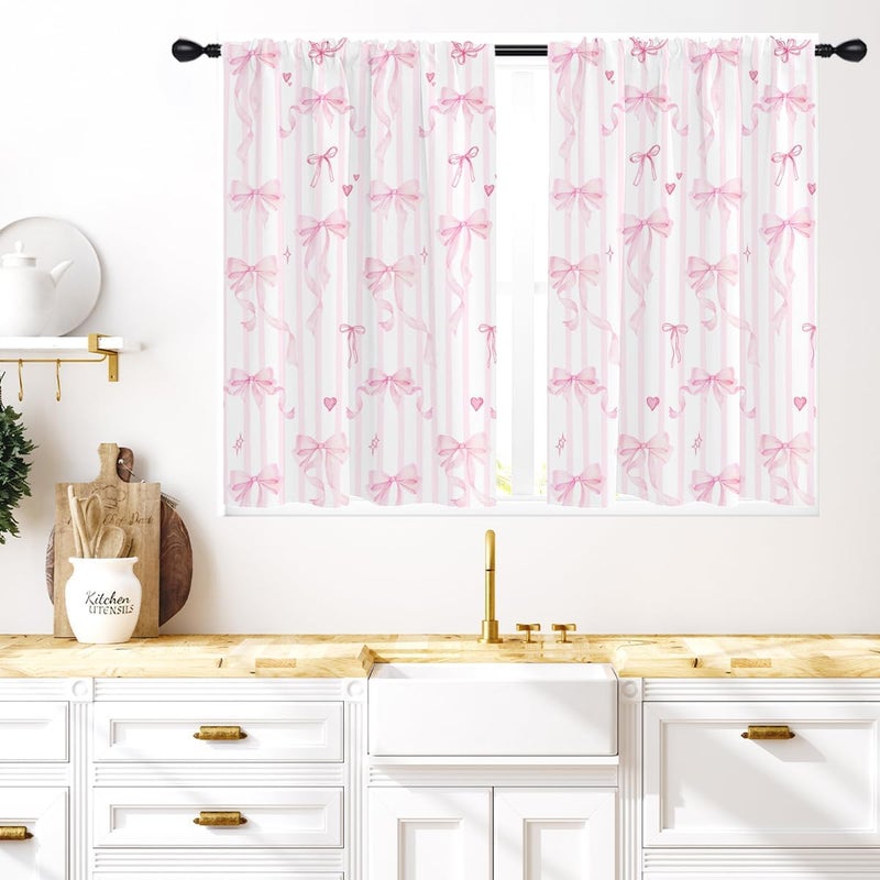 Coxila Pink Bow Kitchen Window Curtains 27.5 x 39 Inch Small Short Mini Cafe Rod Pocket Cute Kids Girls White Kawaii Pastel Fun Living Bedroom Room Home Treatment Set of 2 Curtain Panels Drapes Tiers - Image 1