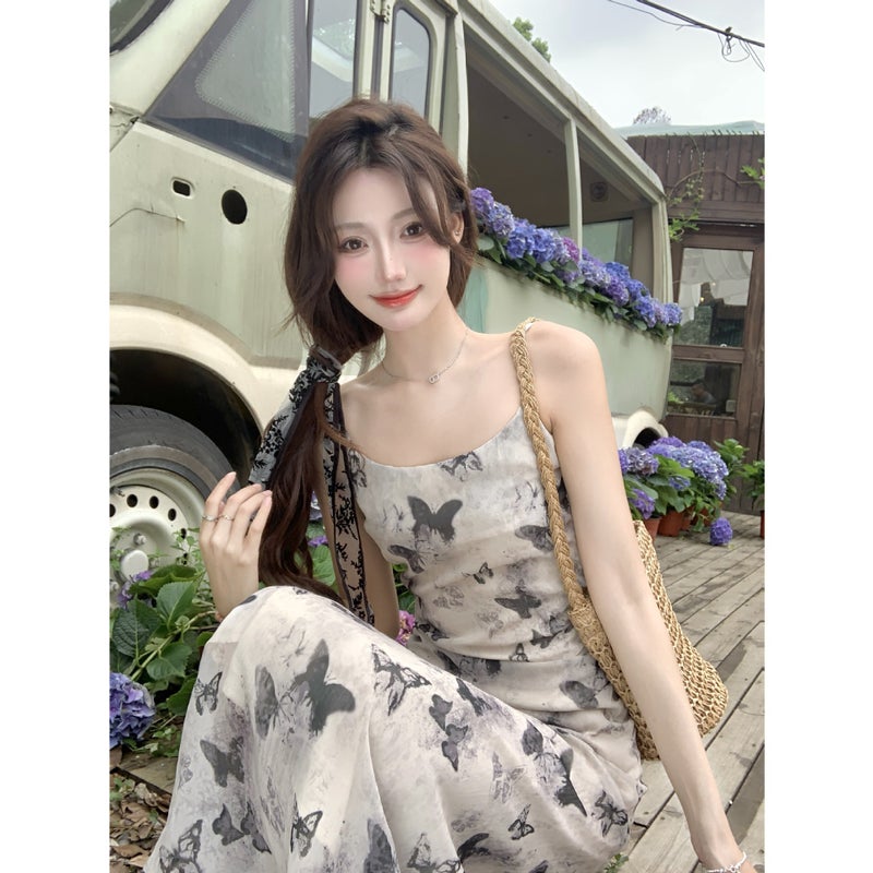 Clear Cold Ink Butterfly Floral Suspender Dress For Women Summer French Chic And Beautiful Temperament Dress Dropshipping - Image 2